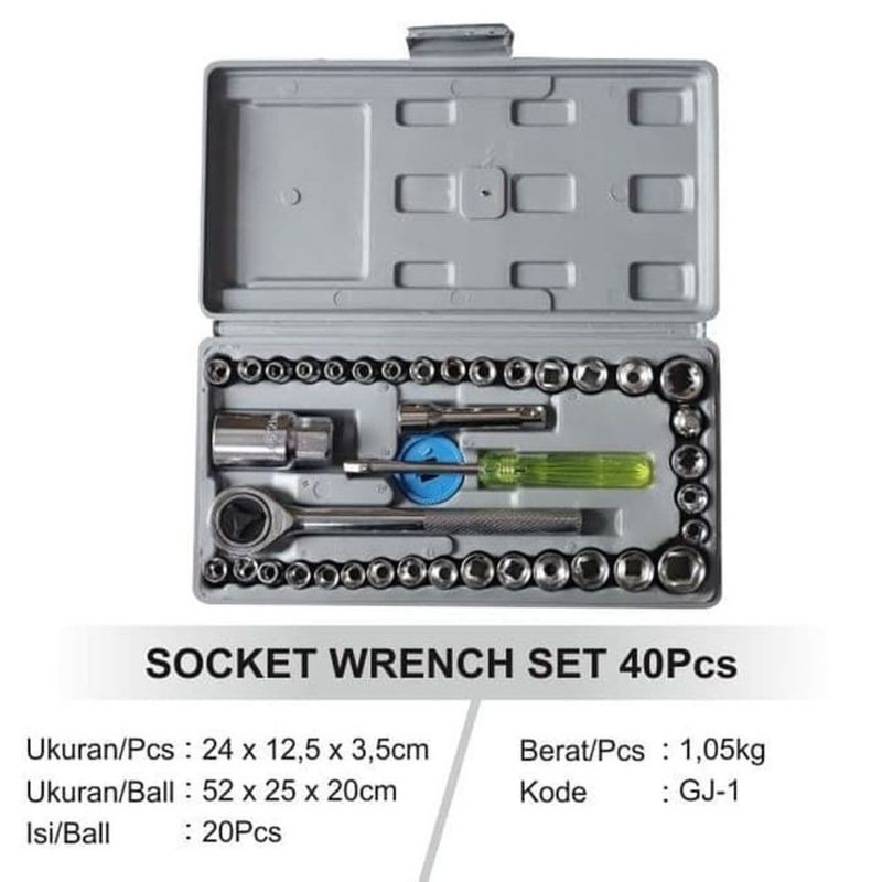 Kunci Sok 40 Pcs Full Lengkap - Kunci Pas 40 Pcs - Kunci Shock Wrench Set 1/4 Bolting - Kunci Sok - Kunci Sok Socket Set 40 in 1- Socket Tool Kit