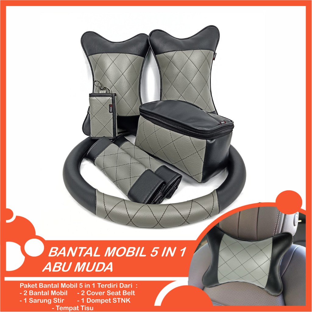 Set Bantal Mobil 5 in 1 Premium Bantal Leher Cover Stir Seatbelt Tempat Tisu Free Dompet STNK