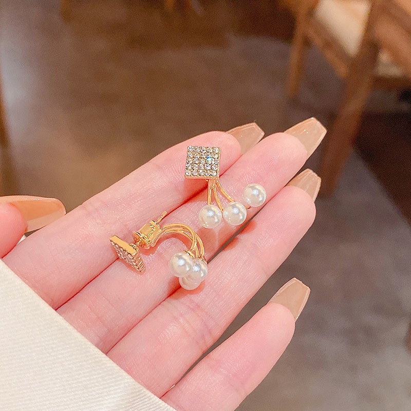 Anting Tusuk Desain Geometri Hias Mutiara + Berlian Imitasi Bahan Sterling silver 925 Untuk Wanita