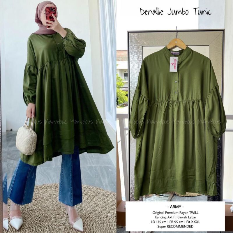 Denallie Jumbo Tunik - Atasan Wanita Dewasa Bahan Katun Rayon Twill Motif Polos