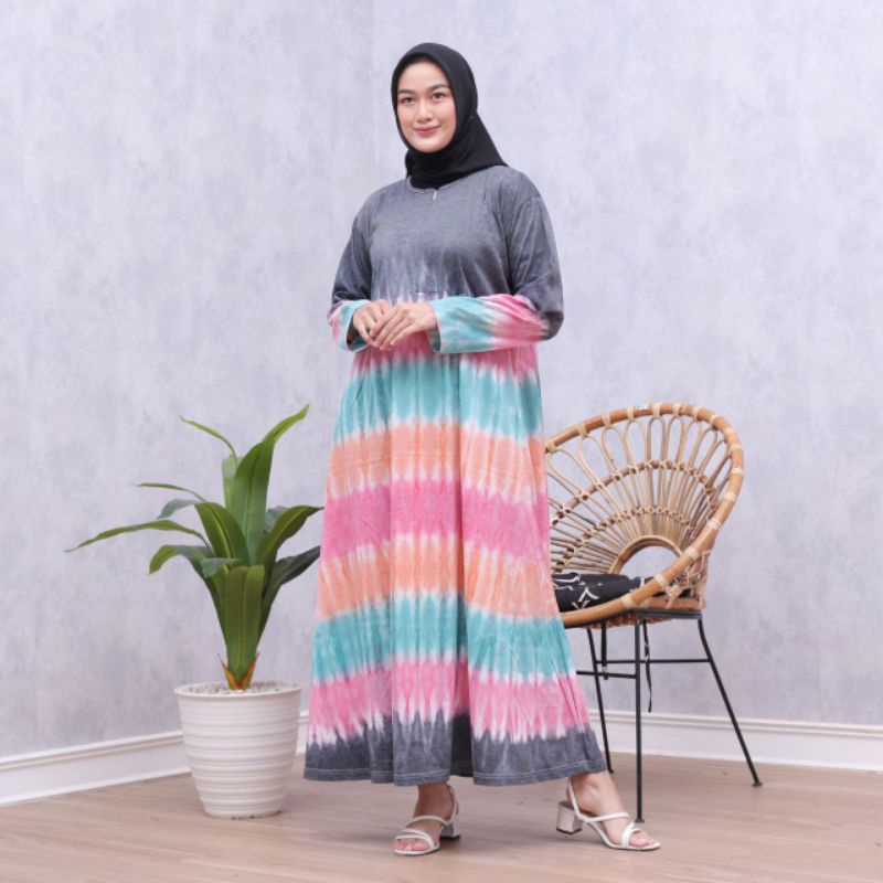 Gamis Jumbo Kaos Lengan Panjang Black Tiedye Busui Bumil Homdress Kekinian Terlaris