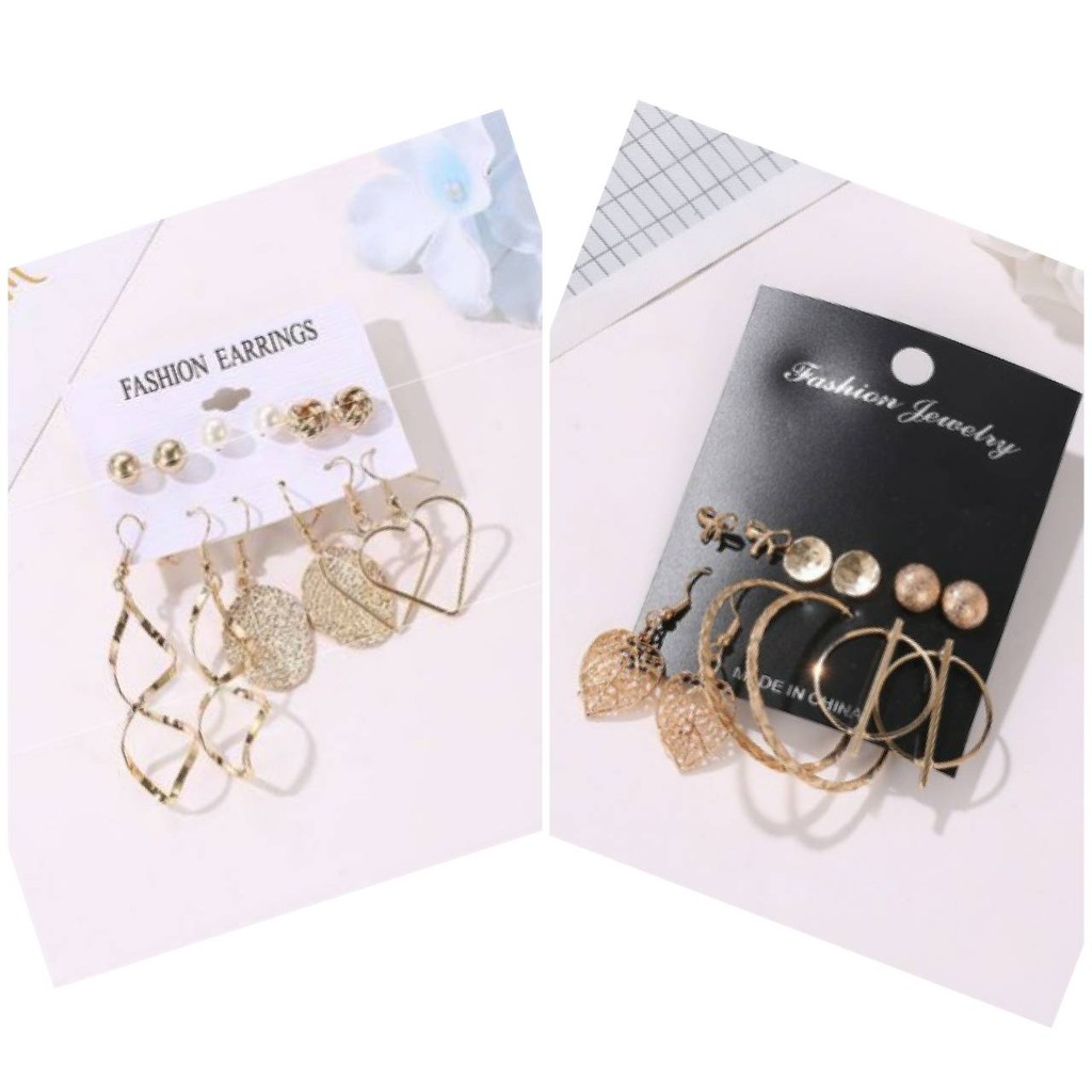 Anting Set Korea 6 Pasang Anting Tusuk Model Daun Geometri Hook dan Mutiara untuk Wanita