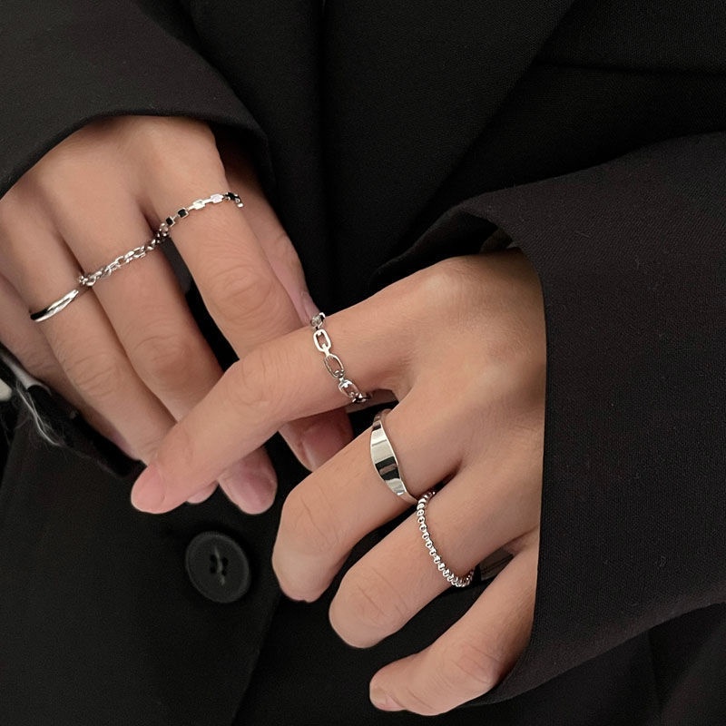 YEEZII 6pcs / Set Cincin Model Terbuka Adjustable Desain Hollow Warna Silver Gaya Retro Untuk Wanita