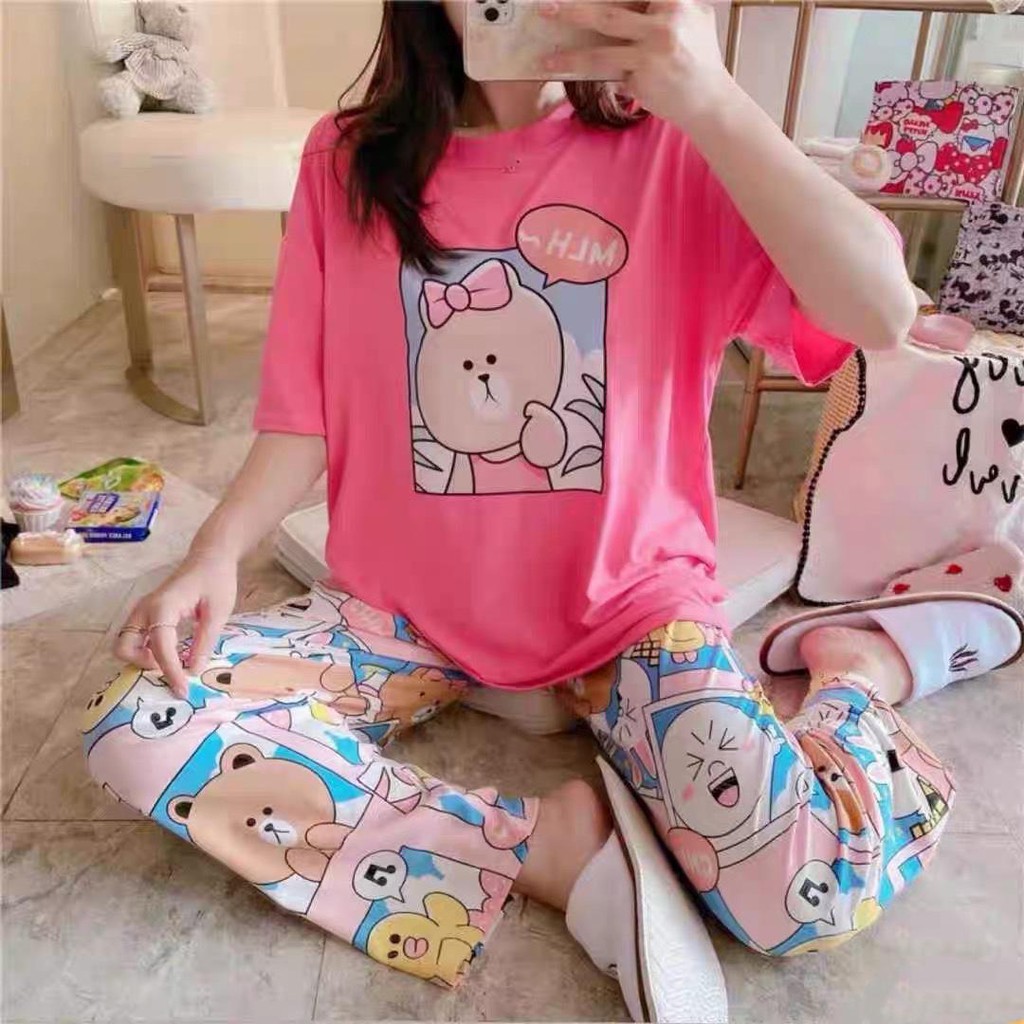 Baju Tidur Piyama Set/Piyama Wanita Import/Baju Piyama Motif Kartun/Woman Sleep Wear-P19-Fanta Bear