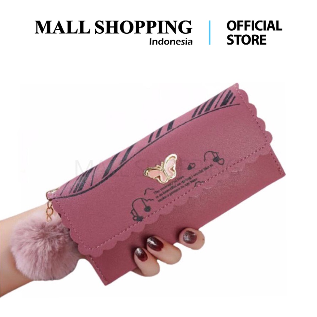 (COD) Dompet Lipat Wanita Panjang Free Pom-Pom Dompet Wanita MALL SHOPPING