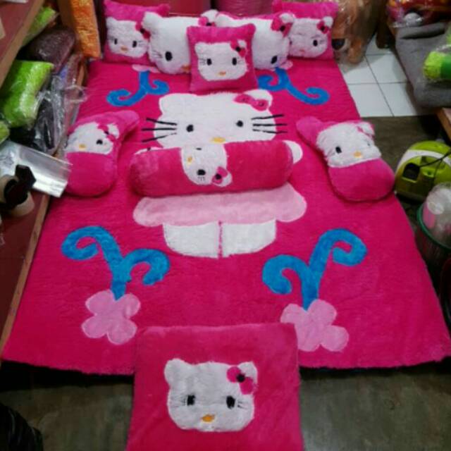 Karpet Karakter Terbaru Modern Murah FullSet Bantal Guling Keset Hello Kitty Pink Merah Ungu Hijau