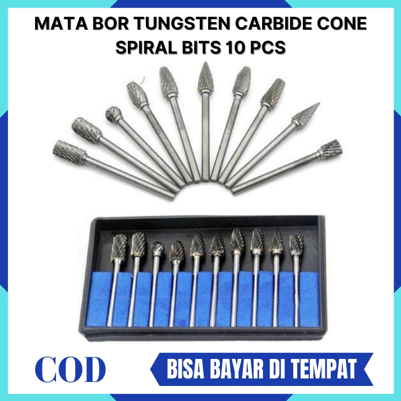 Mata Bor Besi Set Komplit Tungsten Carbide Cone Spiral 1/8 Inch 10Pcs - Pembuat Lobang Buat Lubang S