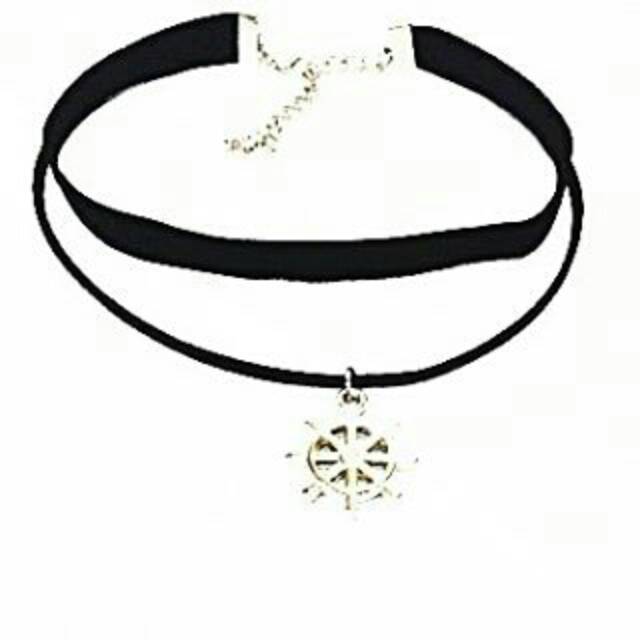 Double Silver Big Ship's Wheel Velvet Choker Necklace | Kalung Handmade Premium Collection