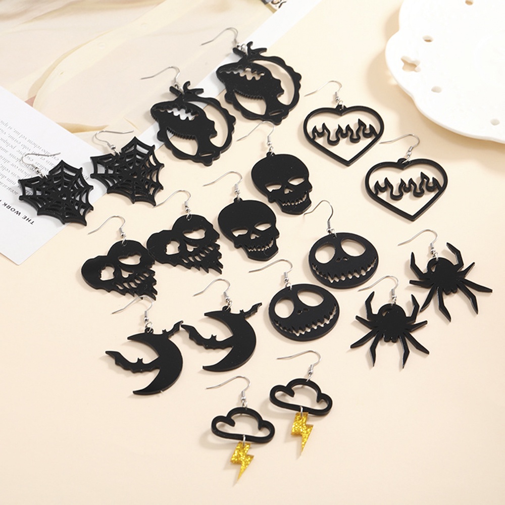 Anting hoop Liontin Tangan Tengkorak Labu Hantu Laba-Laba Halloween Warna Hitam Untuk Wanita