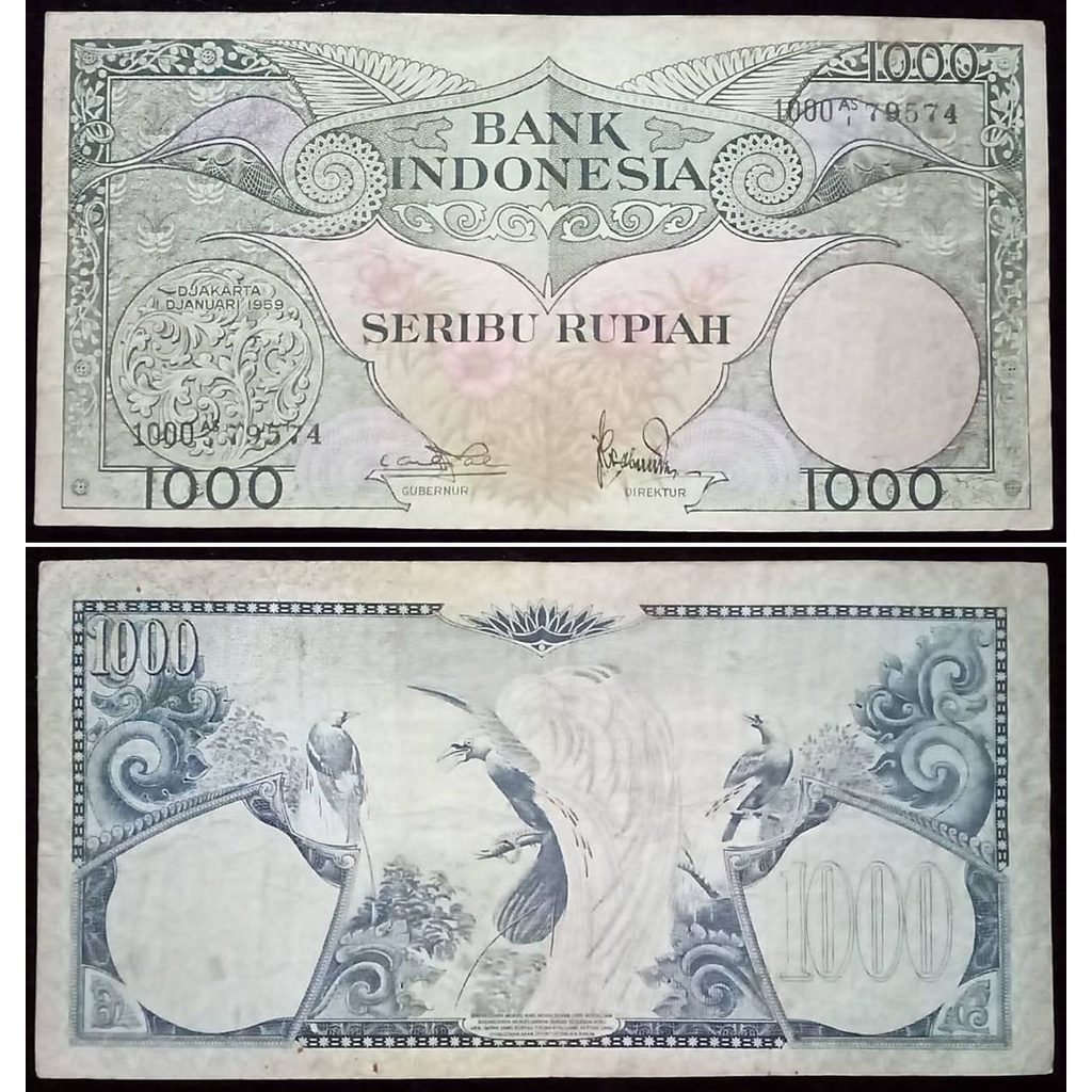 Uang Kuno Indonesia 1000 Rupiah Tahun 1959 Seri Bunga/ Cendrawasih