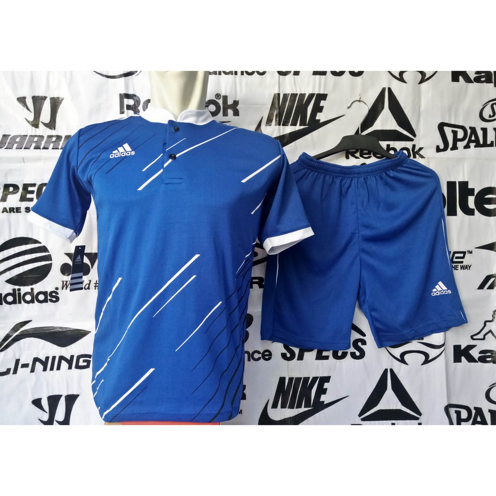 Setelan Jersey Futsal, Sepak Bola & Voly Adidas Zimba Biru Tua List Putih Kancing Kerah Sanghai