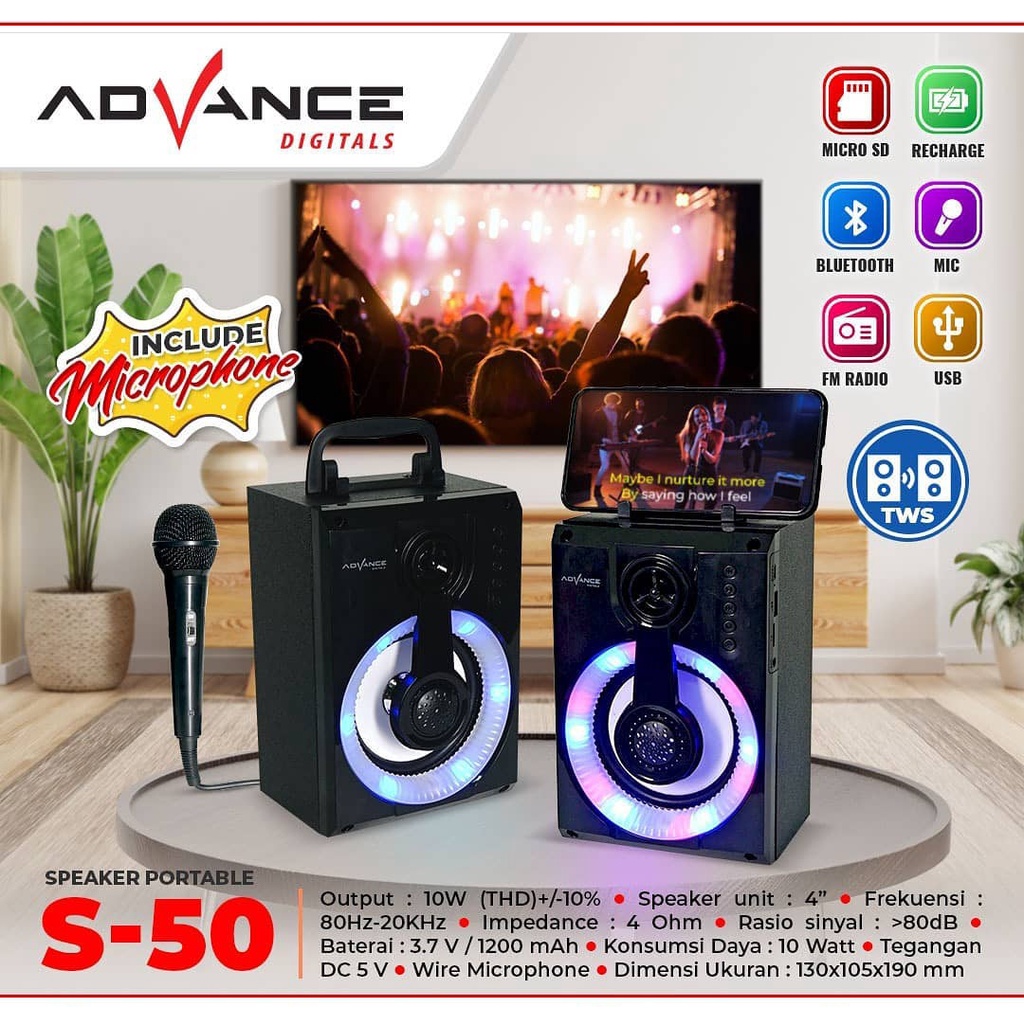 Speaker Bluetooth Advance S50 4 Inch + Microphone Wired Karaoke