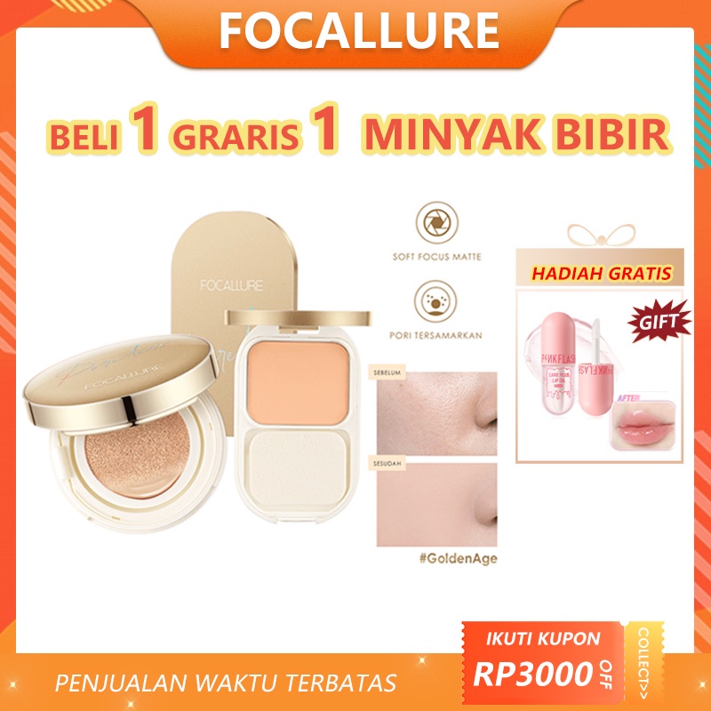 FOCALLURE 2 Pcs Matte Foundation Makeup Set Poreless bedak padat compact powder &amp; BB Cushion