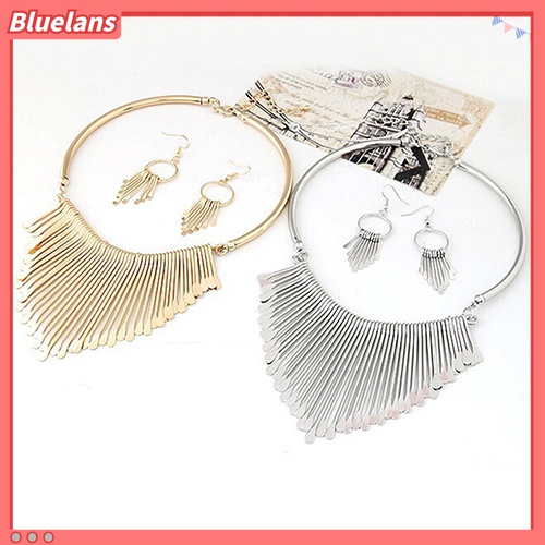 Bluelans Set Perhiasan Kalung Choker Liontin Rumbai Untuk Wanita