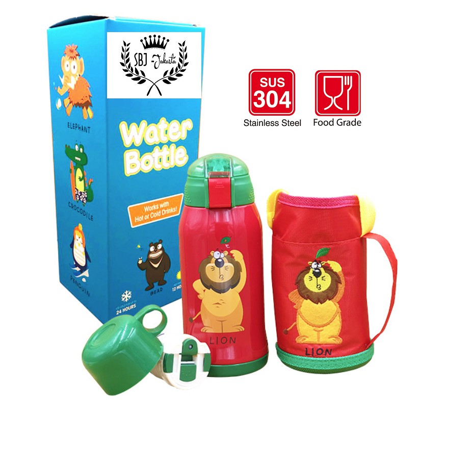 Botol Minum Termos 304 Stainless Steel DUAL CAP dengan TAS Motif Animal / Botol Minum Anak Stainless