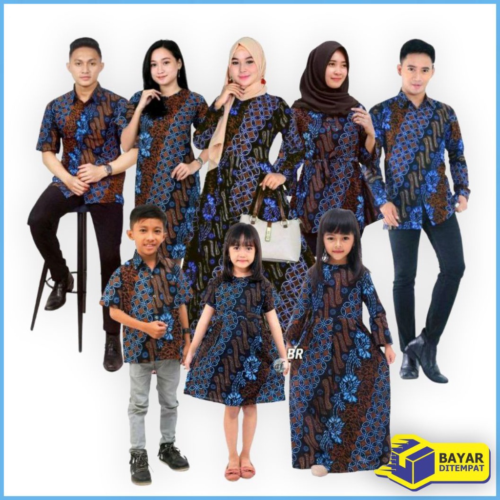 Batik couple keluarga modern terbaru Sarimbitan keluarga style batik kekinian seragam batik keluarga dan anak motif seno biru