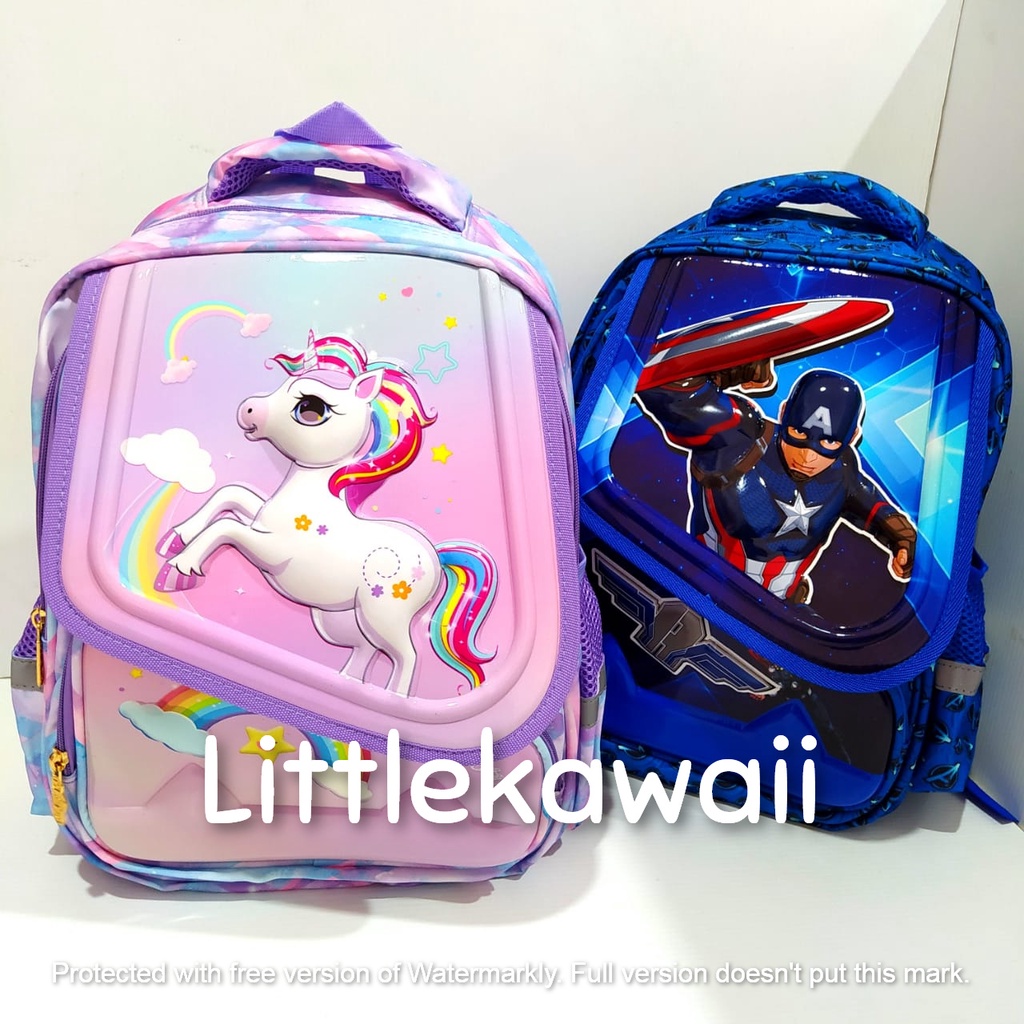 LK/Tas Ransel Sekolah Anak Embos Hardcase Unicorn Superhero Tutup TK SD Import