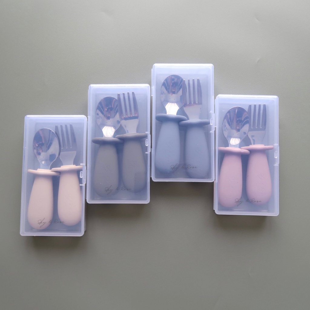 Sky and Rose Toddler Spoon &amp; Fork Set With Case| Sendok garpu training stainless steel Anak Bayi Balita Training