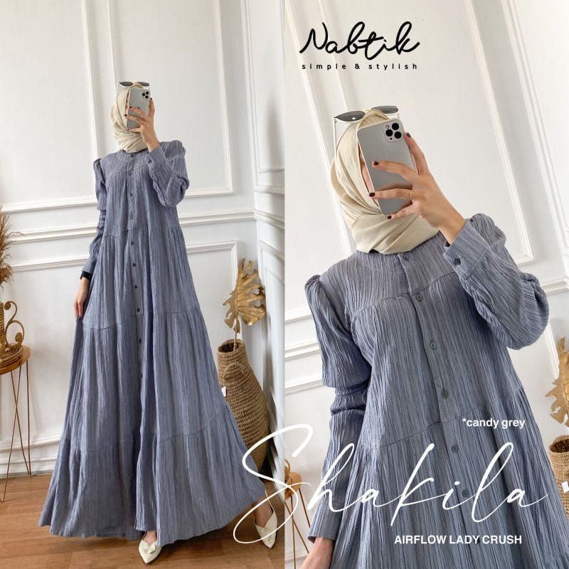 Shakila Maxy Dress Gamis Crinkle Airflow Lady Crush Premium Full Kancing-Shakila candy grey