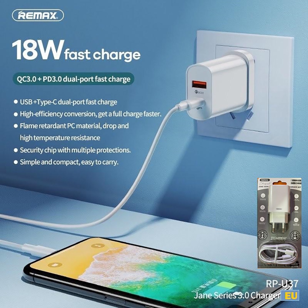 Remax Jane Bundling Charger Adapter 2 port Fast Charging 18Watt + Kabel Data Type C To Lighting iPh RP-U37 Original