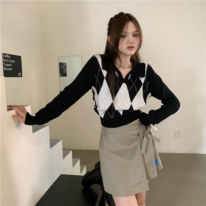 Atasan Crop Top Korea Rajut Wanita Lengan Panjang Sweater Wanita Kotak Kotak  gardigan wanita