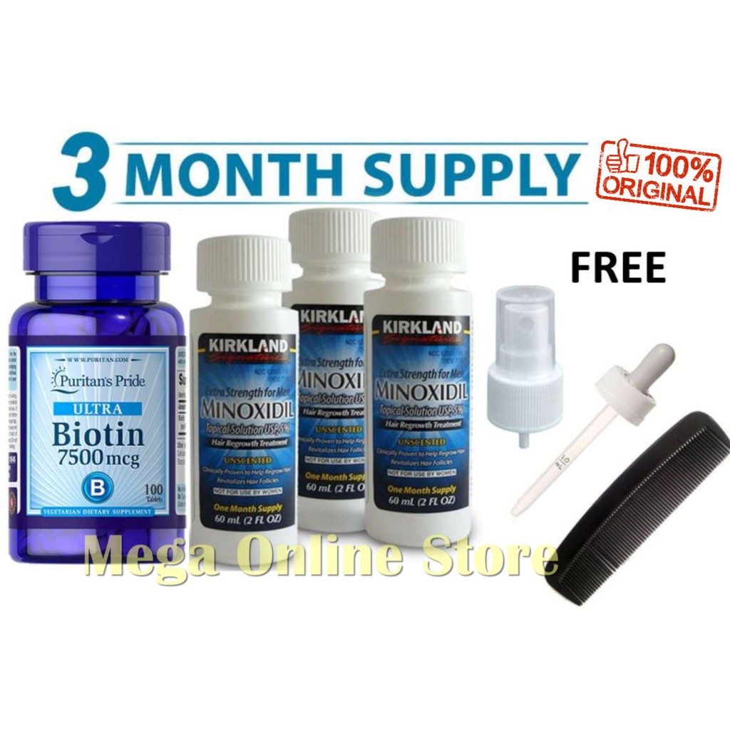 Paket 3 bulan Kirkland Minoxidil 60 ml + Puritan Biotin 7500 mcg 100