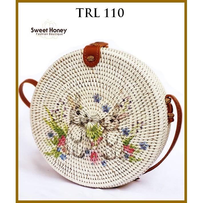 Sweet Honey ~ Grosir Tas Rotan Bulat Lukis Deco Motif Rabbit Kelici TRL110 Diameter 20cm