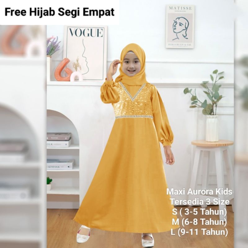 COD☑️Pakaian Gamis Anak+Hijab Segi Empat/Maxi Aurora Kids/Matt Moscrepe Mix Brokat/3-11 Tahun/Pakaian Muslim Anak/Fashion Muslim Anak/Good Quality