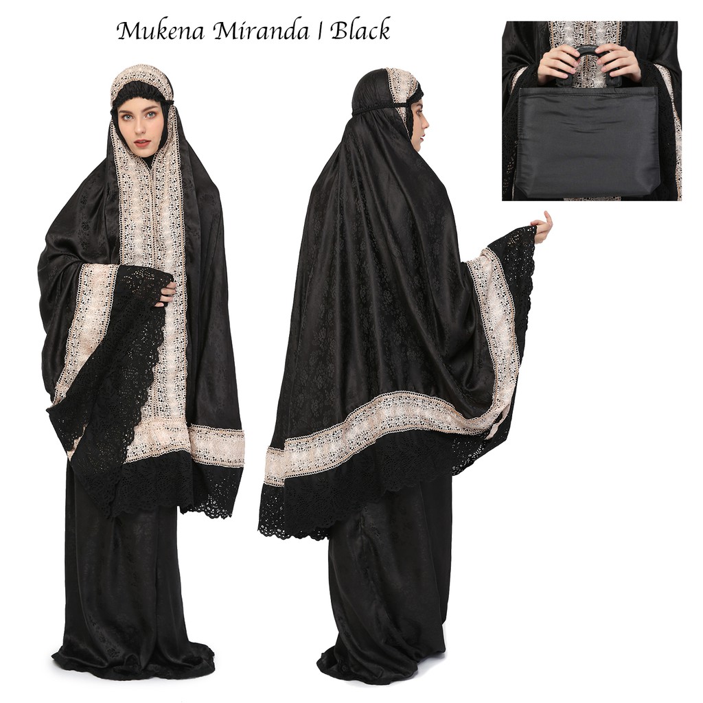 MUKENA TELEKUNG DEWASA JUMBO SEMI SUTRA BORDIR RENDA ATIQAH BROKEN WHITE MILO HITAM