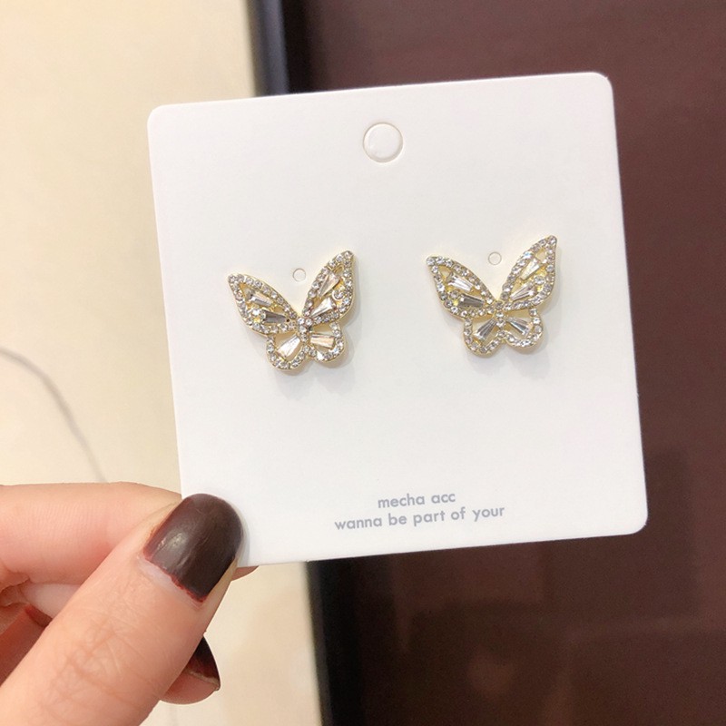 Anting Stud 925 Silver Needle Bentuk Kupu-Kupu Aksen Berlian Untuk Wanita