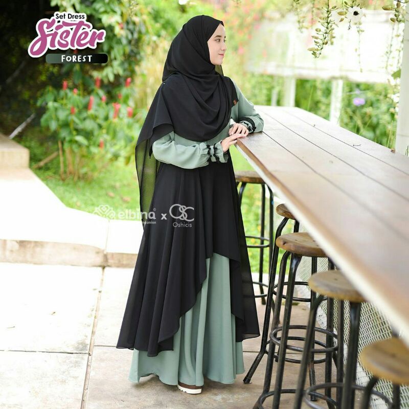 Set dress sister  dan khimar talenta by elbina hijab x ochicis.gamis syari elegant best seller ,