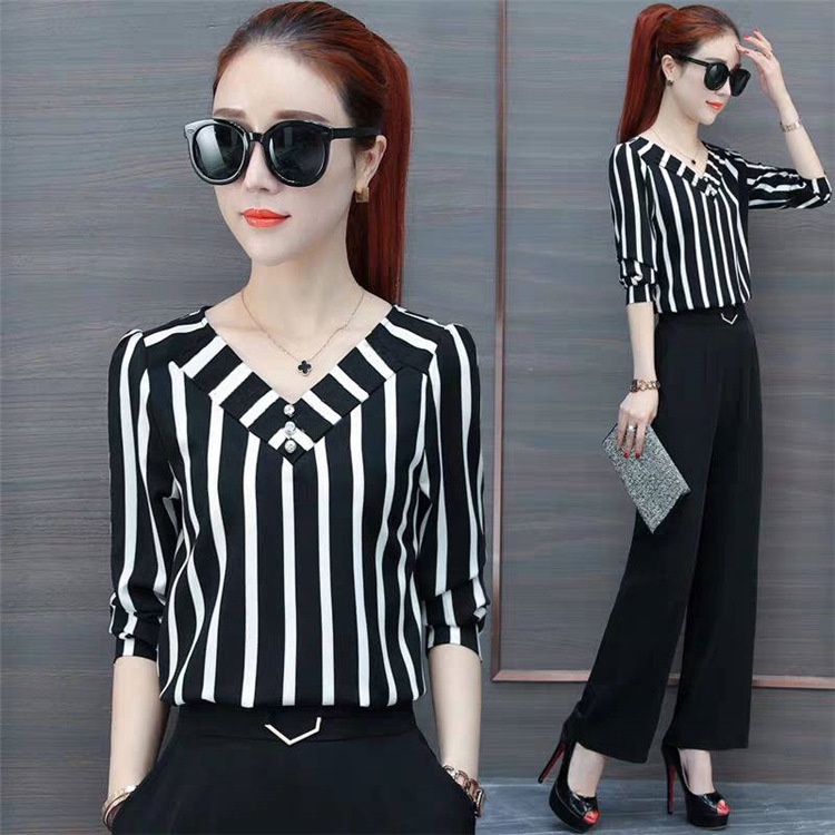 NEW Blus Wanita Fashion Lengan Pendek Slim Fit Bergaris V-Neck Sifon Pakaian Atasan S-3XL