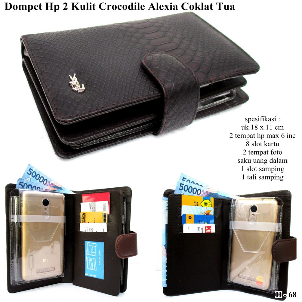 Dompet 2 HP kulit crocodile alexia - COKLAT TUA