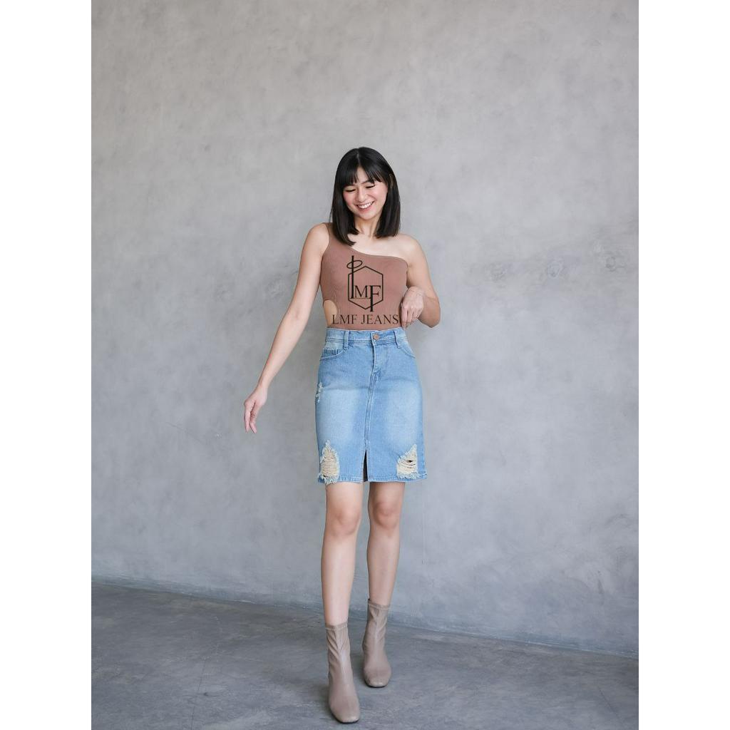 ROK Jeans Span Pendek Wanita Ripped 3/4 Skirt Jeans Sobek