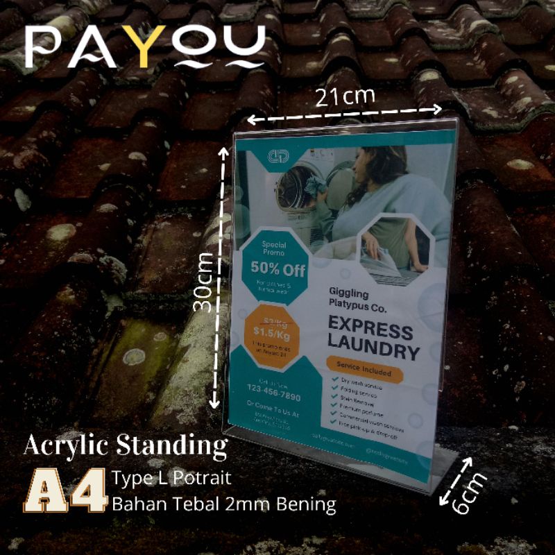 Acrylic Standing A4 Type L Potrait/ Tempat QRIS/ Brosur/ Menu