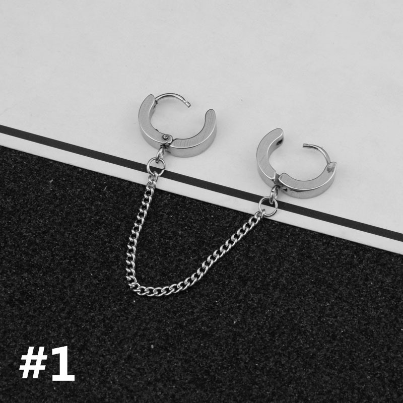 [Bayar Di Tempat]Anting Kait Hoop Double Buckle dengan Rantai Panjang Bahan Stainless Steel