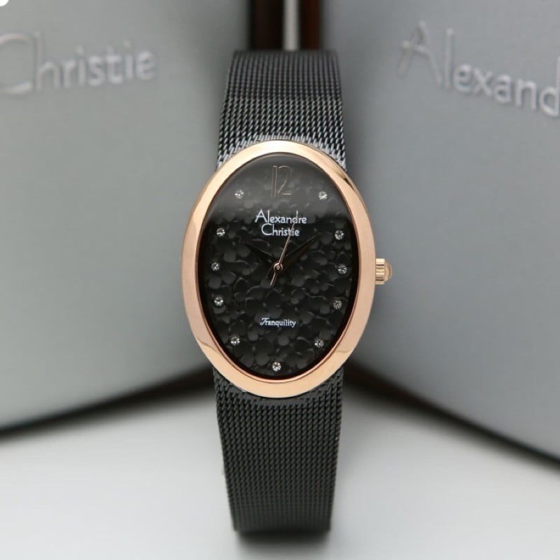 Jam Tangan Wanita Alexandre Christie Original AC 2858 LH BLACK ROSEGOLD