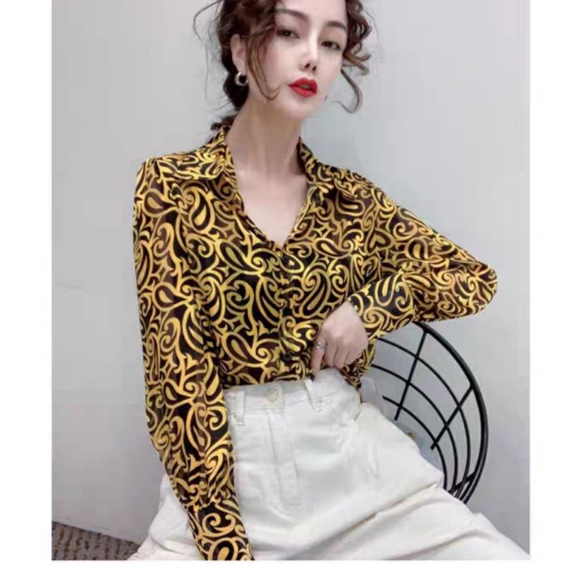 8595  Baju Kemeja blouse lengan balon panjang kerah Vi motif import wanita terbaru Baju Atasan pakai
