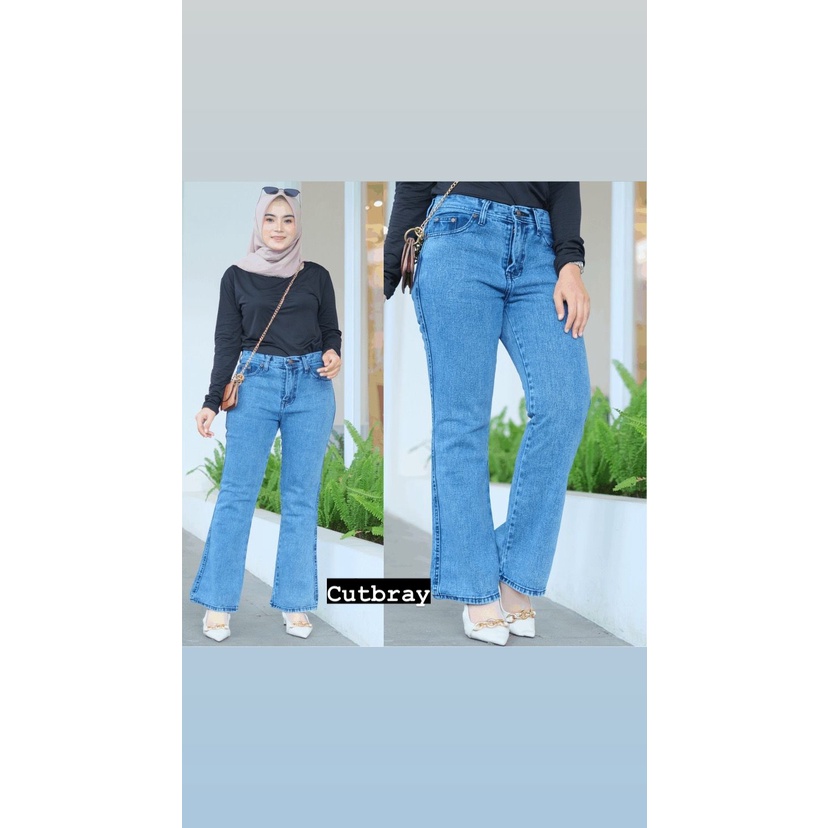 Highwaist cutbray lipat / polos snow blue jeans wanita