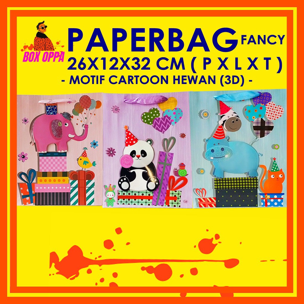 

Paperbag Paper Bag Kantong kertas 3D Aneka motif animal 26x12x32cm tebal import untuk kado,goodiebag