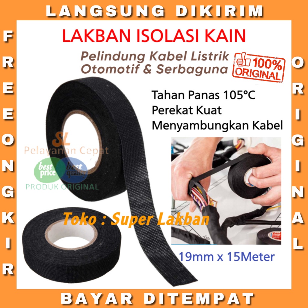 Lakban Isolasi Kain Kabel Listrik 19mmx15Meter Perekat Otomotif Wiring Harness Tape Vinyl Hitam