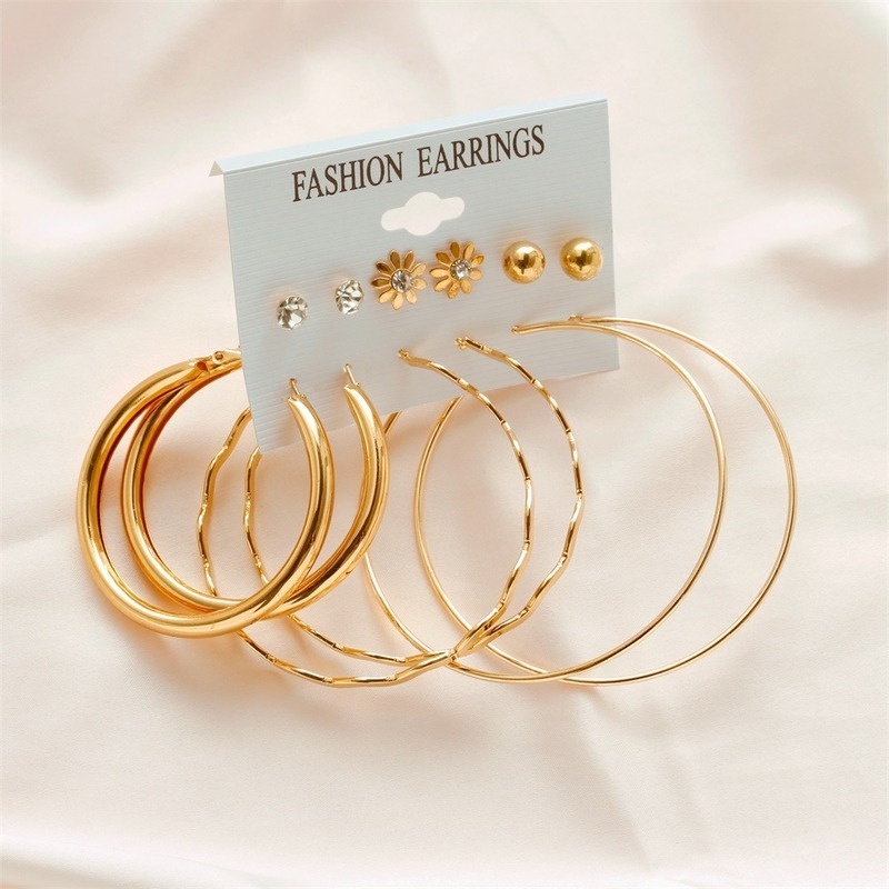 6 Pasang / Set Anting Bentuk Lingkaran Besar Model Simple Untuk Wanita