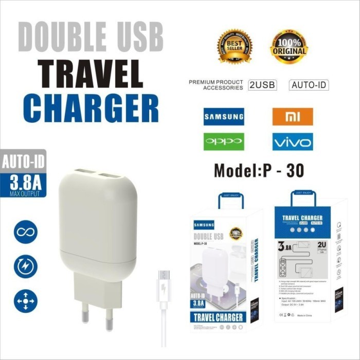 Model Baru Travel Charger Branded P-30 3.8A V8 Micro 2 Usb Casan P30 Grosir