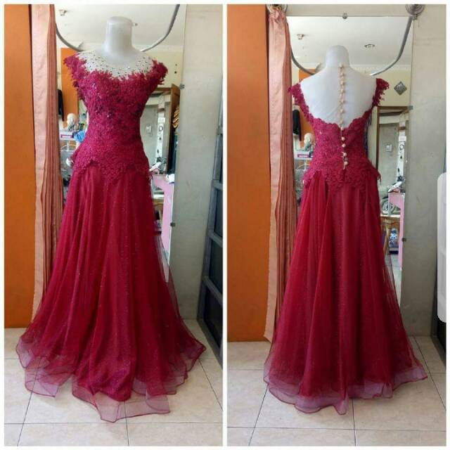Gaun tile maroon/ baju penyanyi /singer/ pesta /party/ dress