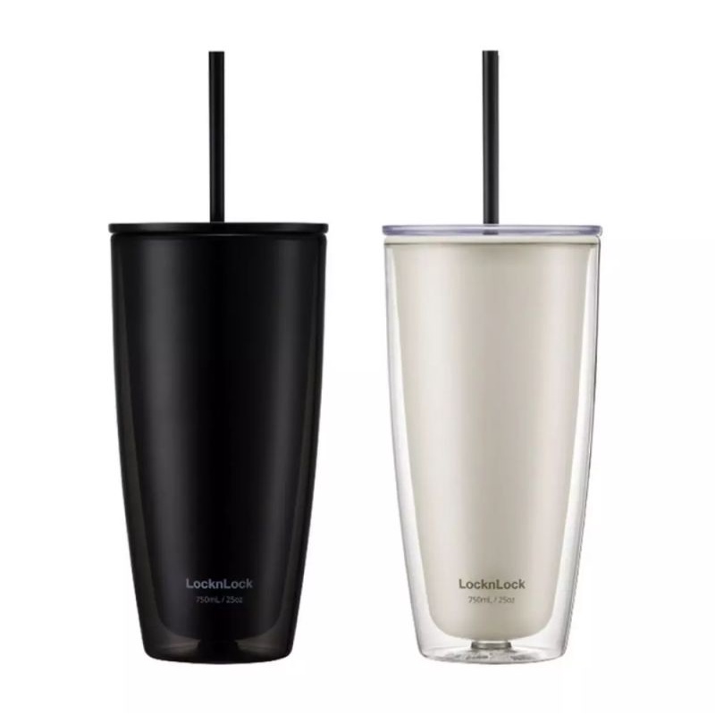 Lock n Lock Double Wall Cold Cup 720ml HAP507 / Bucket Cold Cup With Straw 580ml HAP520 Tumbler Lock&amp;Lock Mug Cangkir Hitam Putih