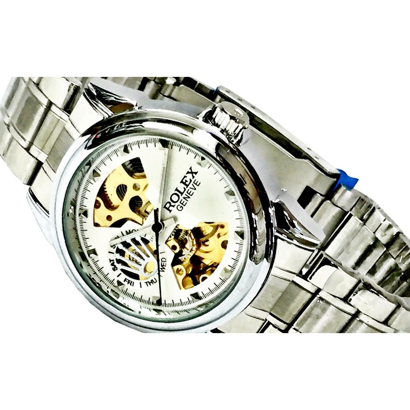 Jam Tangan Pria Skeleton Automatic Rolex Chain Silver