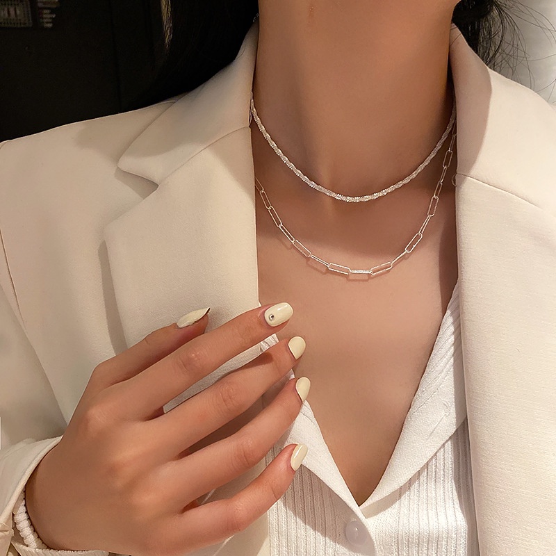 YEEZII 2pcs / Set Kalung Choker Rantai Silver Banyak Lapis Gaya Retro Untuk Wanita