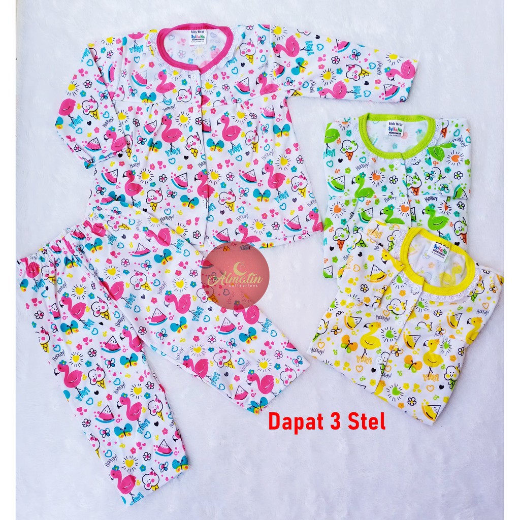 Setelan Baju Bayi / Piyama Bayi Perempuan Lengan Panjang, 3-18 Bulan, Motif Lucu, Bahan Adem, Lembut