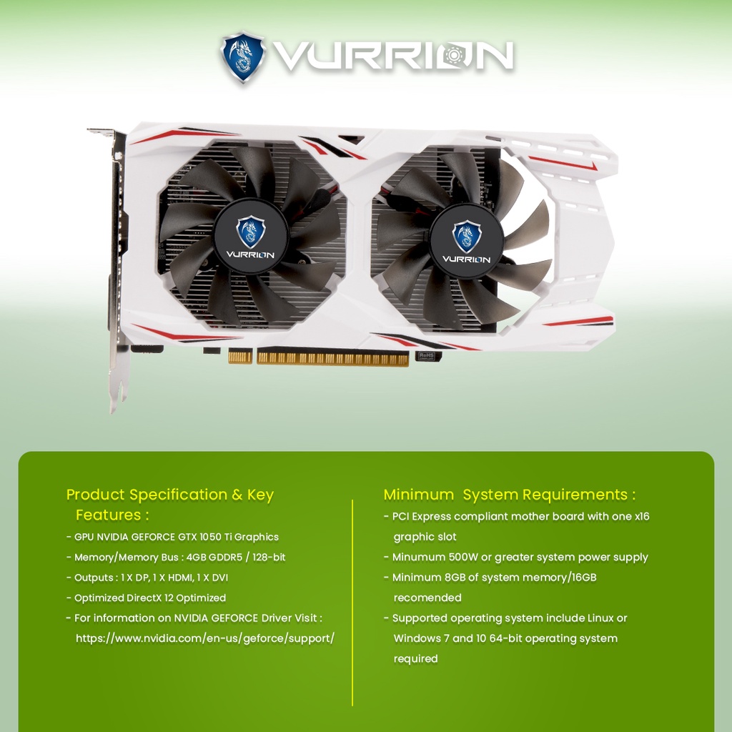 VGA VURRION GTX 1050 TI 4GB GDDR5 128 Bit Dual Fan Gaming VGA