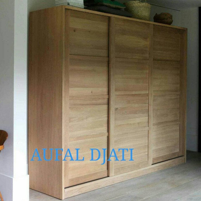 Lemari Pakaian Jati Sliding Pintu 3 Geser Wardrobe Top Jati Jepara